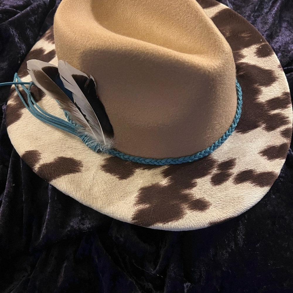Tan and Brown Cow Print Hat with Blue Trim